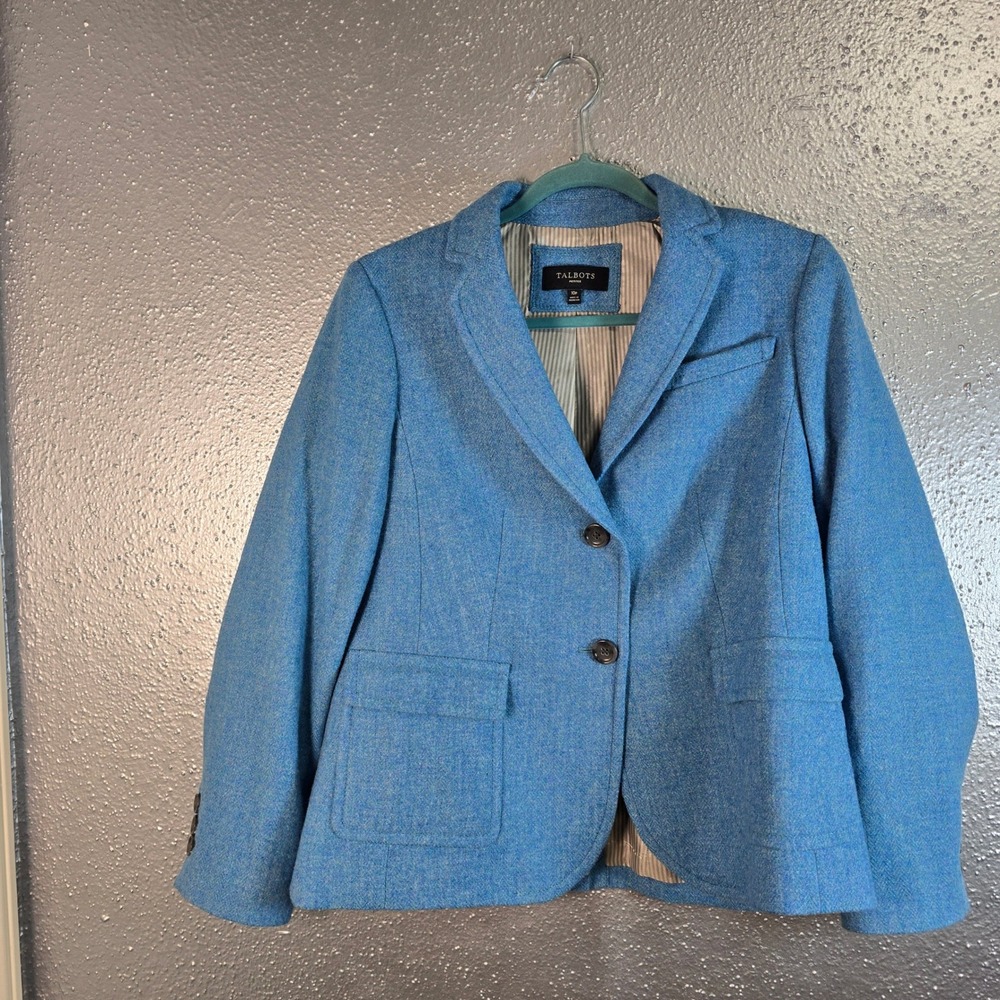 Talbots Petites Blue Wool Blend Tweed 2 Button Blazer Jacket Size 10P